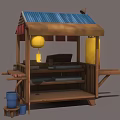 Wooden Commercial Food Stall Equipment With Blue Roof Red Awnings Red Stools And Grill