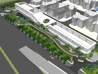 Modern Sales Office Building With Glass Facade Landscaped Gardens And Driveway 3d model