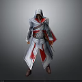 White And Red Hooded Character In Outfit With Sword And Falcon Companion