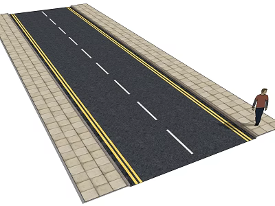 Municipal Road With Black Pavement White Dashed Lines Yellow Edge And Light Colored Bricks Sidewalk 3d model
