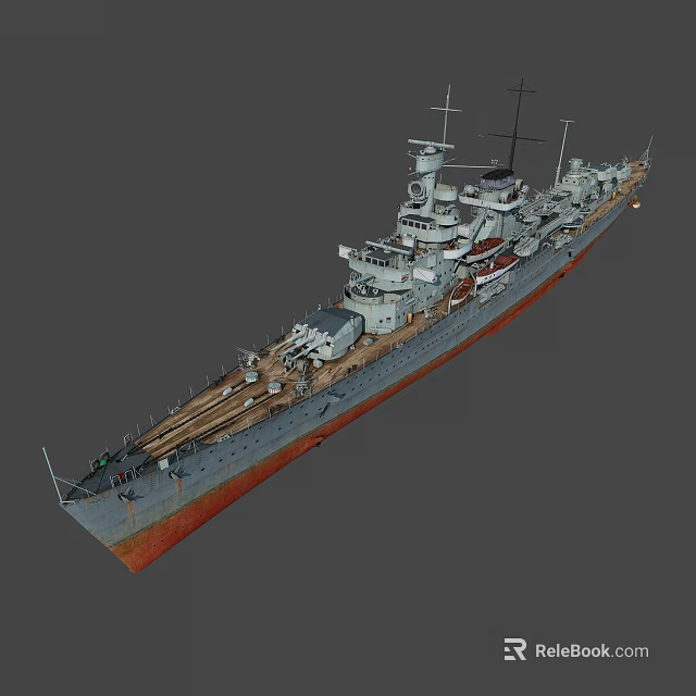 Detailed Warship 3D Model With Gray Hull Red Bottom Deck Turret And Mast 3d model 