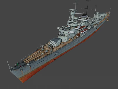 Detailed Warship 3D Model With Gray Hull Red Bottom Deck Turret And Mast 3d model