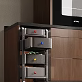Colorful Fresh Fruits Stored in Wooden Kitchen Cabinet with Colored Drawer Knobs