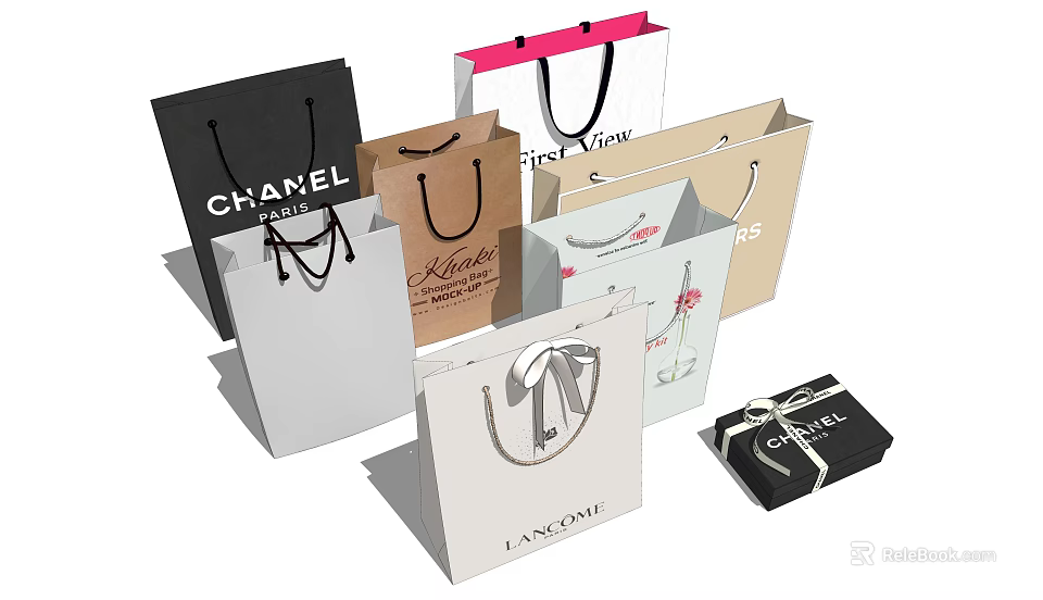 Decorative Display Set Of Fashion Brand Shopping Bags And Gift Box In Various Colors 3d model 