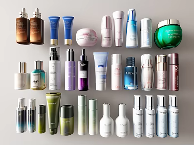 Assorted Perfume Bottles and Cosmetic Containers with Colorful Designs and Sizes for Beauty Skincare Products 3d model