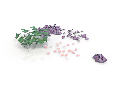 Plants With Green Leaves Purple And Pink Petals Scattered On White Background 3d model