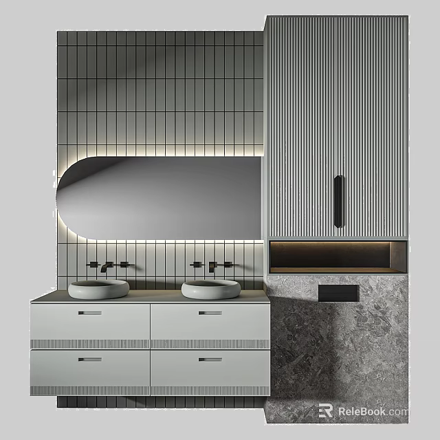 Modern Bathroom Vanity With Double Sinks Oval Mirror LED Lighting And Vertical Stripe Cabinets 3d model 