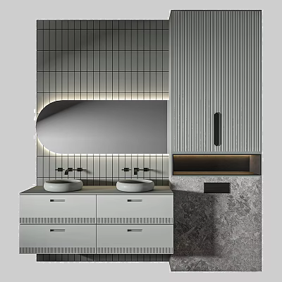 Modern Bathroom Vanity With Double Sinks Oval Mirror LED Lighting And Vertical Stripe Cabinets 3d model