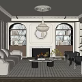 Elegant Living Room Interior Design With White Sofa Fireplace Checkered Rug And Bookshelves