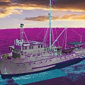 White And Blue Ship Sailing On The Sea During Sunset With Orange Red Clouds