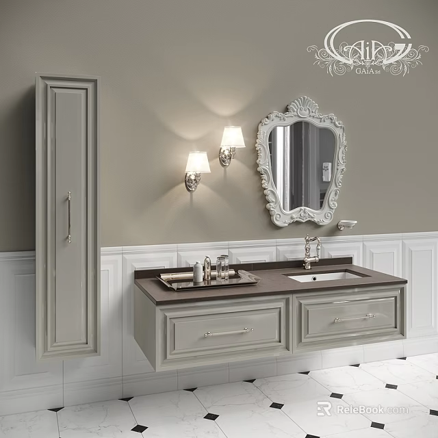 Elegant Bathroom Vanity With Gray Cabinet Ornate Mirror Wall Lamps And Drawers 3d model 