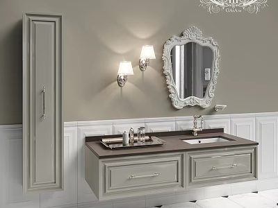 Elegant Bathroom Vanity With Gray Cabinet Ornate Mirror Wall Lamps And Drawers 3d model