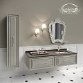 Elegant Bathroom Vanity With Gray Cabinet Ornate Mirror Wall Lamps And Drawers