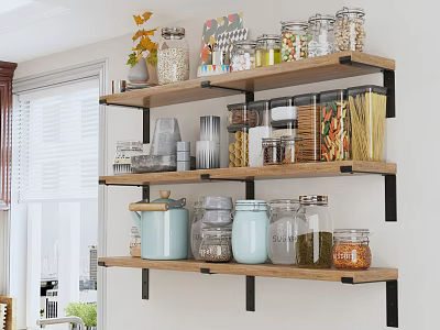 Wooden Kitchen Shelving Unit with Black Brackets Glass Jars Storage Containers and Decorative Plant 3d model