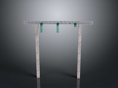 Industrial Metal Frame Equipment With Vertical Supports And Green Hanging Components 3d model