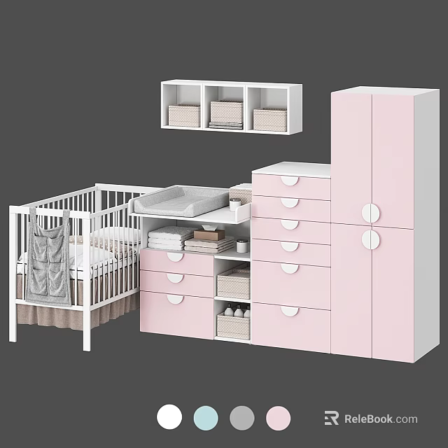 White Baby Crib With Pink Storage Cabinets Drawers And Wall Mounted Shelf 3d model 