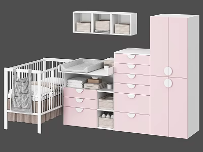 White Baby Crib With Pink Storage Cabinets Drawers And Wall Mounted Shelf 3d model