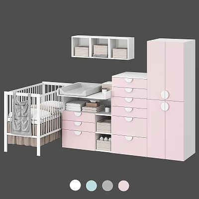 White Baby Crib With Pink Storage Cabinets Drawers And Wall Mounted Shelf 3d model