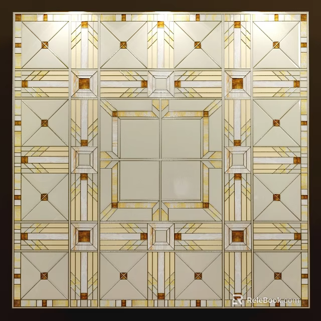 Decorative Geometric Ceiling Design With Gold Beige Square Patterns And Intricate Details 3d model