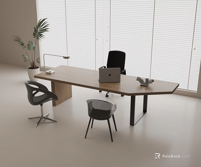 Modern Wooden Desk with Laptop Desk Lamp and Black Chair in Bright Room with Blinds 3d model 