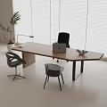 Modern Wooden Desk with Laptop Desk Lamp and Black Chair in Bright Room with Blinds