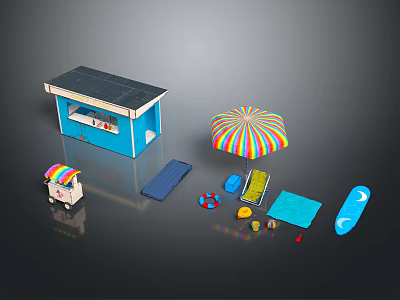 Outdoor Furniture Collection With Blue Cabana Colorful Umbrella Surfboard And Mat 3d model
