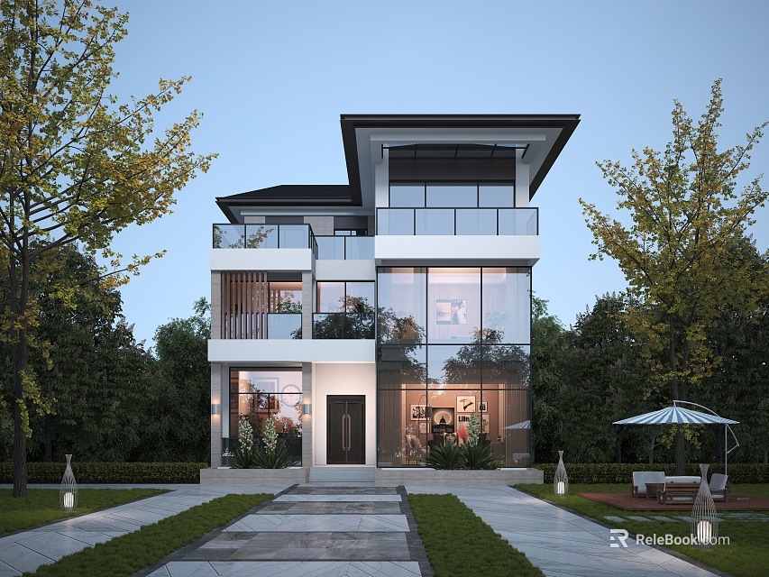 Modern Detached Two Story Villa Exterior Featuring Glass Curtain Walls Garden Trees And Stone Pathway 3d model 