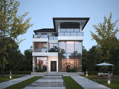 Modern Detached Two Story Villa Exterior Featuring Glass Curtain Walls Garden Trees And Stone Pathway 3d model