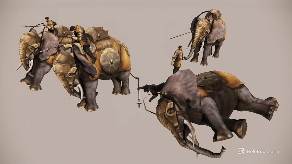 Fantasy Game Elephant Models With Riders And Lying Down Scenes 3d model 