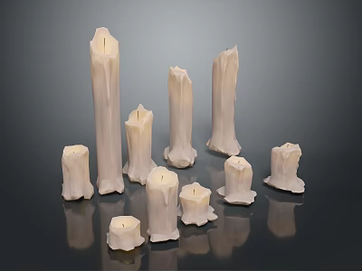 White Candles With Various Shapes And Sizes On Black Reflective Surface 3d model