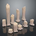 White Candles With Various Shapes And Sizes On Black Reflective Surface 3d model