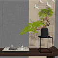 Stylish Bonsai Plant in Black Pot on Small Stand with Gray Wall and Cranes Pattern