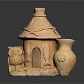 Ceramic Owl Sculpture With Small House Design And Decorative Vase