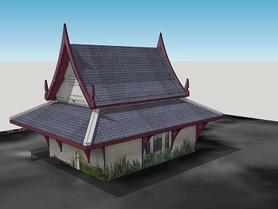 Traditional Thai Style Building Featuring Gabled Roof Gray Tiles Red Accents White Walls Green Plants 3d model