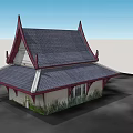 Traditional Thai Style Building Featuring Gabled Roof Gray Tiles Red Accents White Walls Green Plants
