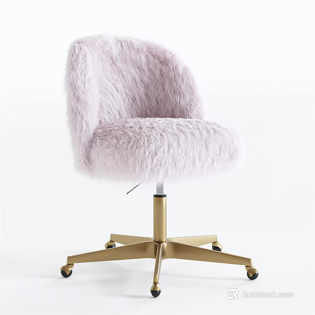 Pink Fluffy Faux Fur Swivel Chair With Gold Metal Base And Wheels 3d model 