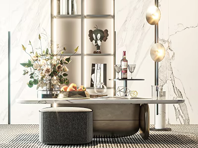 Modern Marble Coffee Table With Flower Vase Fruits And Decorative Lamp 3d model