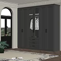 Gray Wardrobe With Glass Doors Gold Handles And Drawers In Bedroom Interior