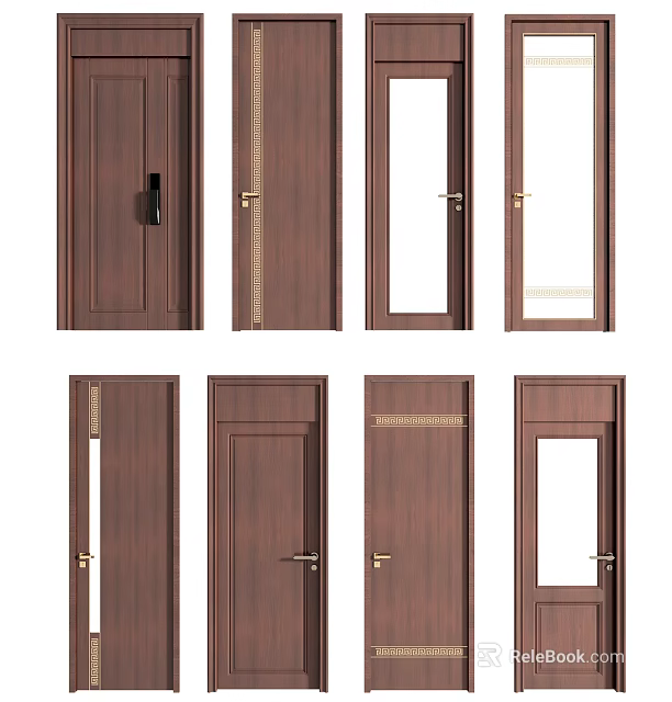 Various Wooden Hinged Doors Showcasing Different Styles Such As Glass Inserts And Solid Wood Designs 3d model