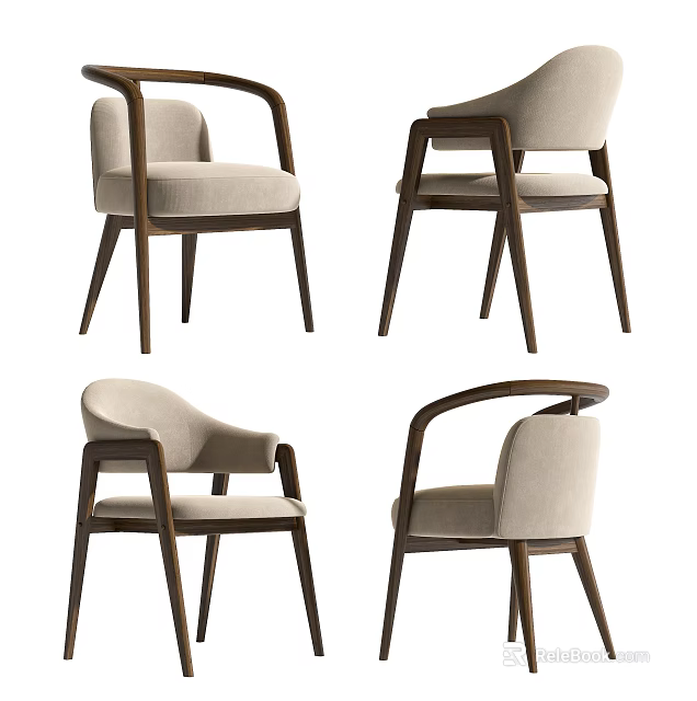 Contemporary Accent Chair With Curved Wooden Arms And Beige Fabric Upholstered Seat 3d model 