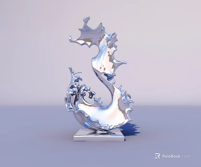 Elegant Silver Metal Flowing Wave Shaped Sculpture With Square Base 3d model 