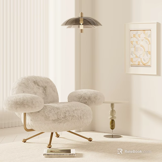 Plush Cream Accent Chair With Metal Legs Side Table And Wall Art 3d model 