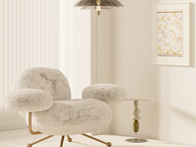 Plush Cream Accent Chair With Metal Legs Side Table And Wall Art 3d model