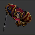 Detailed Fantasy Warrior Character in Red and Gold Ornate Armor with Intricate Design Holding Sword