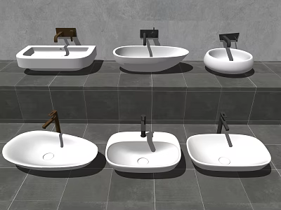 Oval and Rectangular Modern White Washbasins with Brown Black Faucets on Grey Tiled Wall Floor 3d model