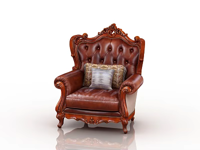 Classic Leather Armchair With Carved Wood Frame Tufted Back And Decorative Pillow 3d model