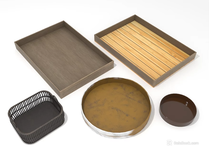 Home Decorative Trays And Woven Basket Including Rectangular Wooden Round Metal And Small Round Pieces 3d model 