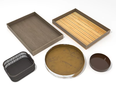Home Decorative Trays And Woven Basket Including Rectangular Wooden Round Metal And Small Round Pieces 3d model