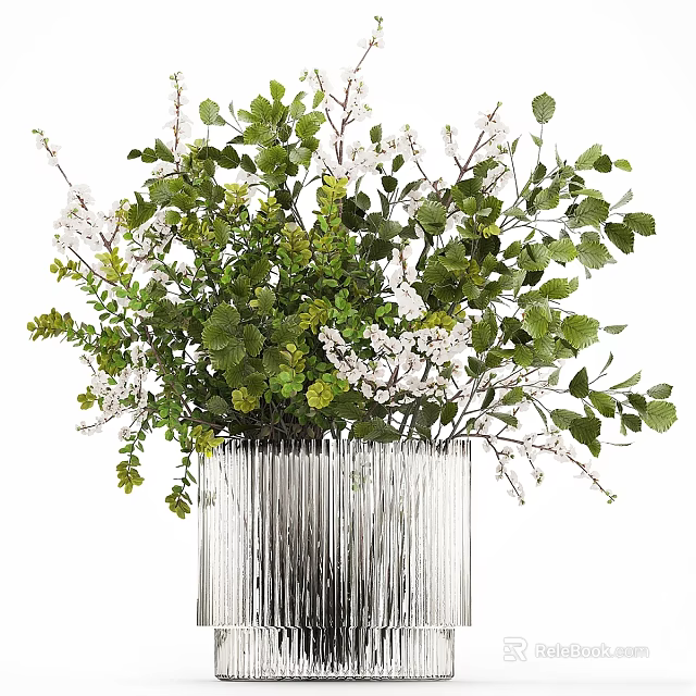 Elegant Decorative Ornament Set With Silver Vase Green Leaves And White Flowers 3d model 
