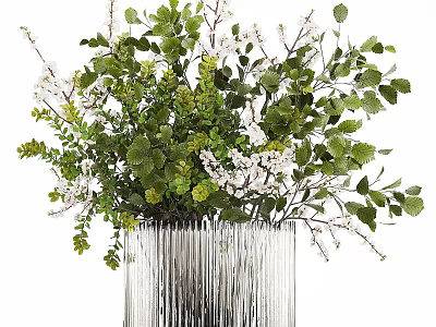 Elegant Decorative Ornament Set With Silver Vase Green Leaves And White Flowers 3d model
